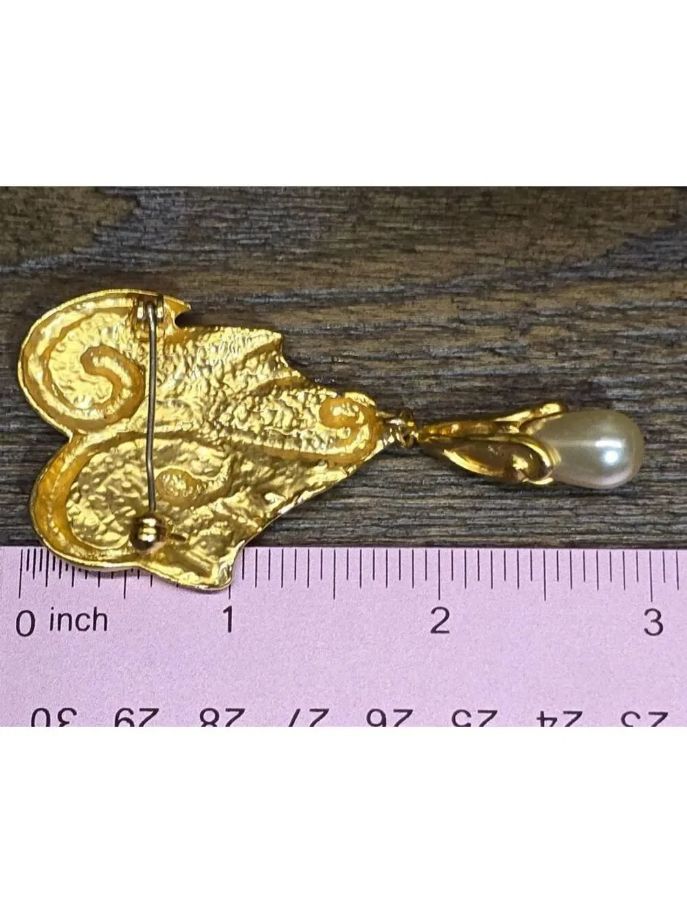 Modernist Gold Tone Brooch Dangle Faux Pearl